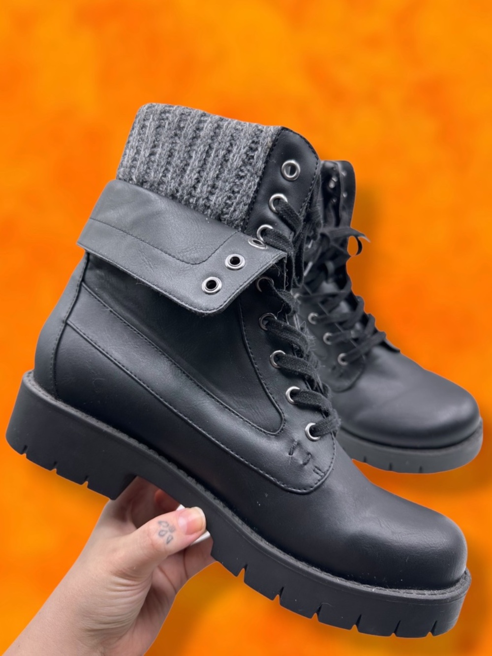 MIA Nicolas Faux Leather Roll Cuff Knit Lugged Sole Lace Up Ankle Combat Boots